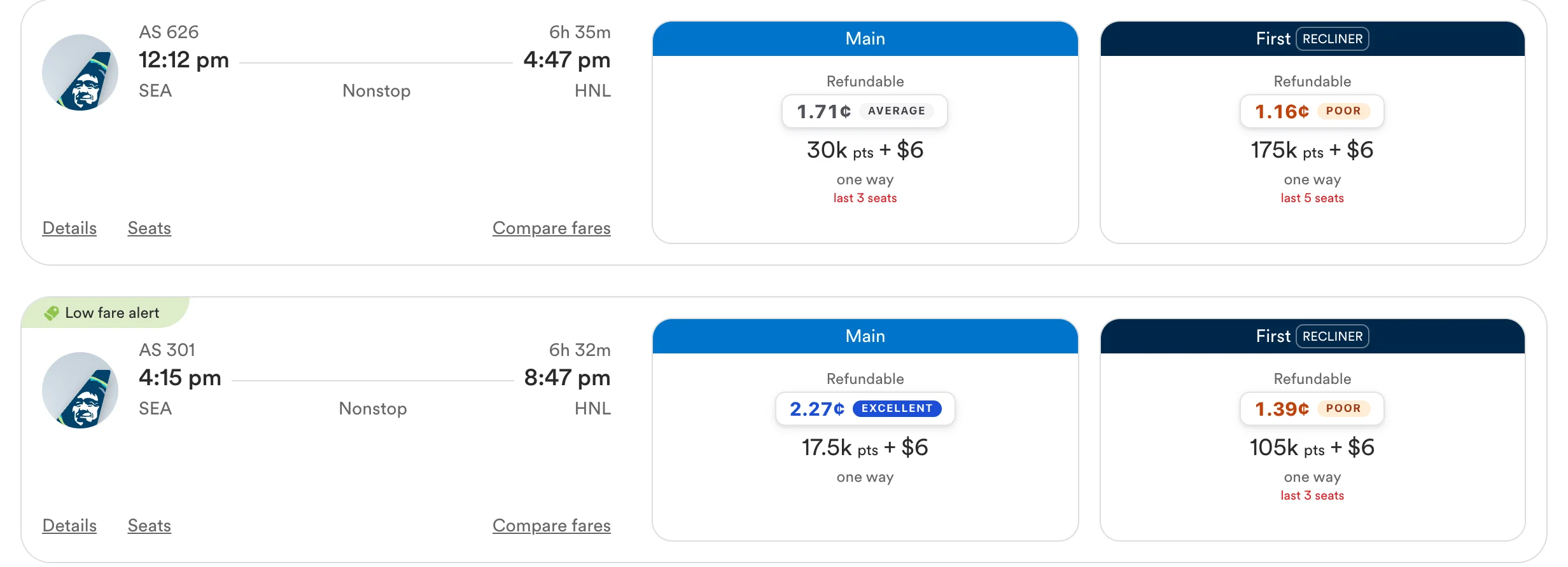 A Alaska search on alaskaair.com with a Pointy value badge on each result.