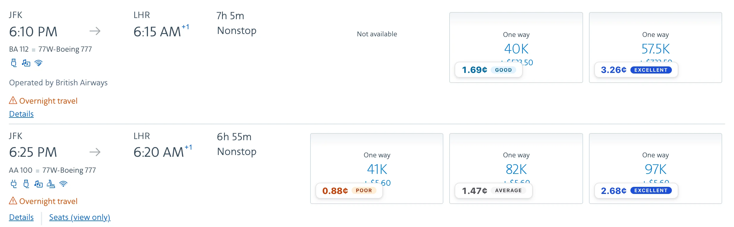 A American search on aa.com with a Pointy value badge on each result.
