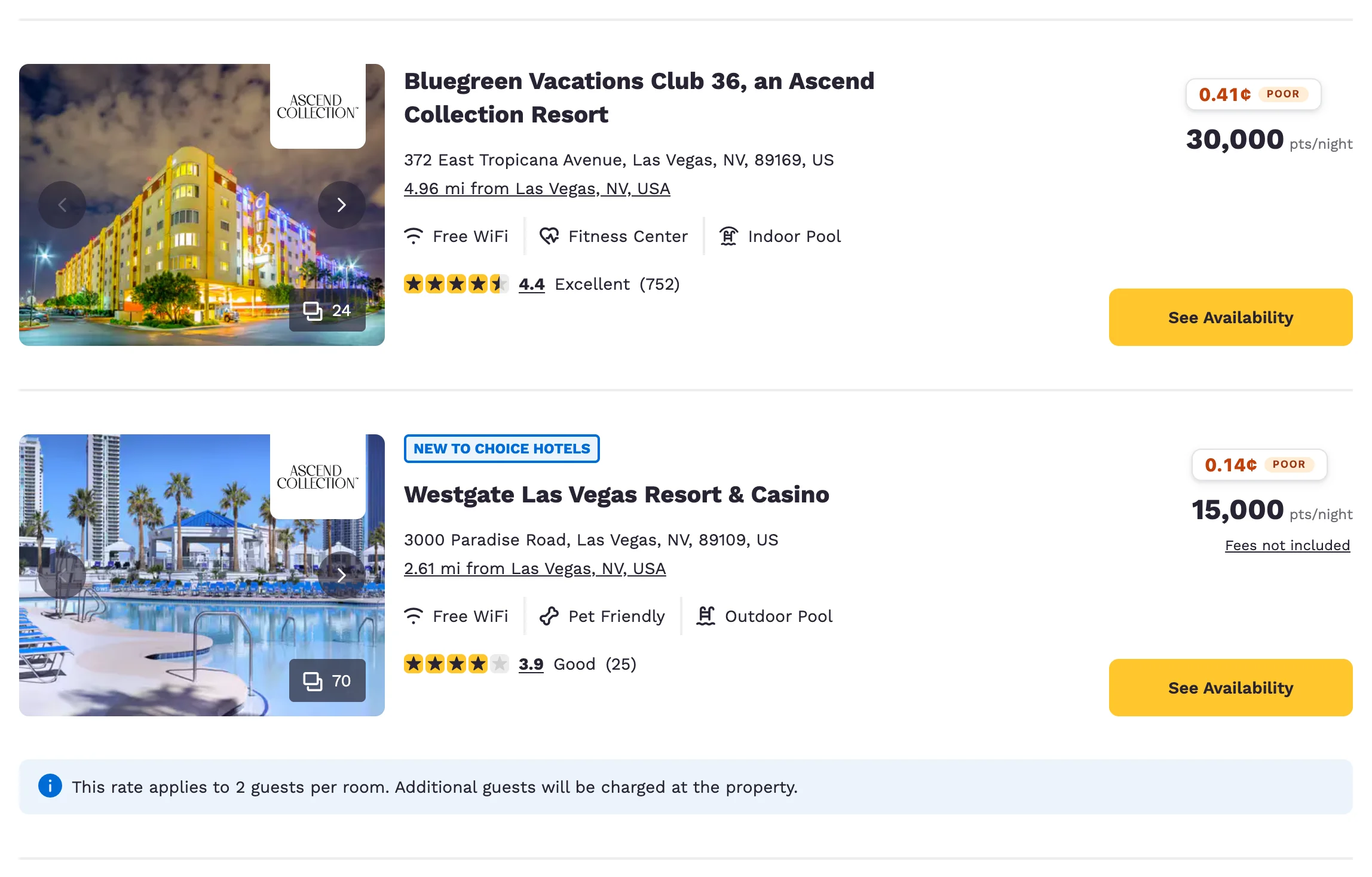 A Choice search on choicehotels.com with a Pointy value badge on each result.