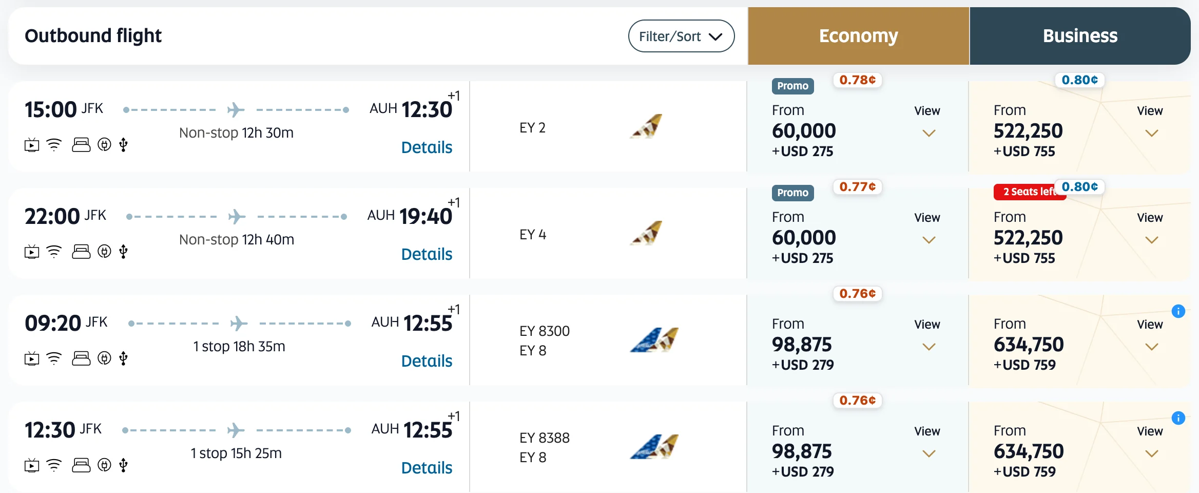A Etihad search on etihad.com with a Pointy value badge on each result.