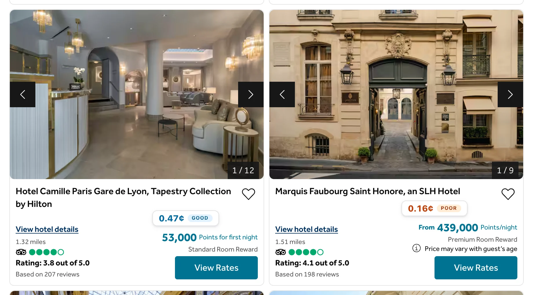 A Hilton search on hilton.com with a Pointy value badge on each result.