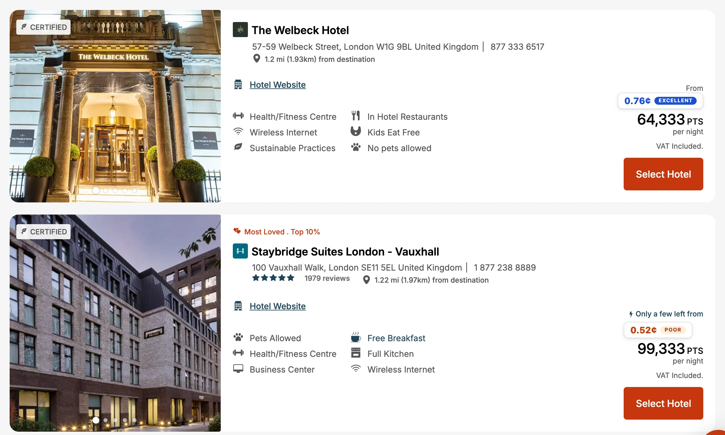 A IHG search on ihg.com with a Pointy value badge on each result.