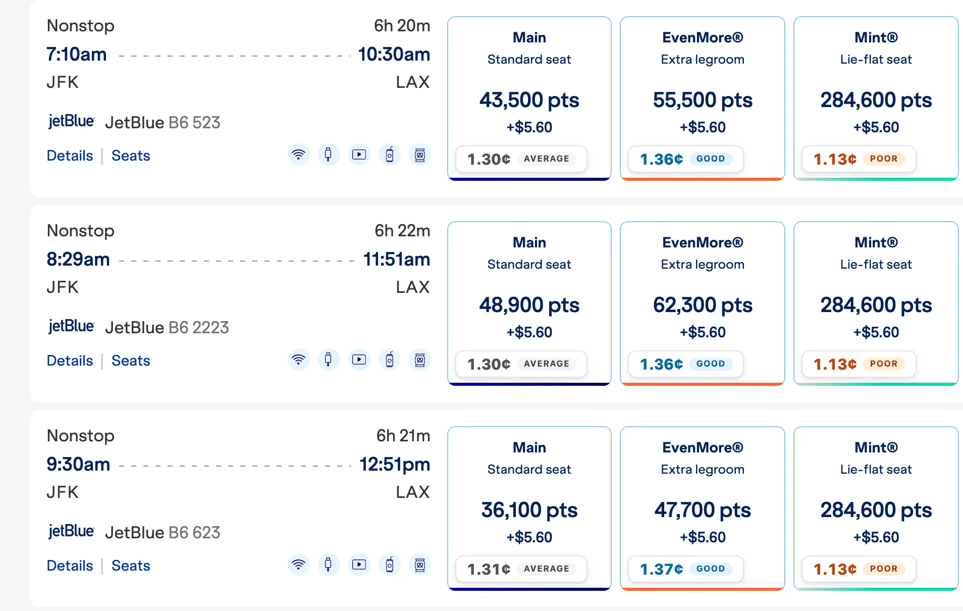 A JetBlue search on jetblue.com with a Pointy value badge on each result.