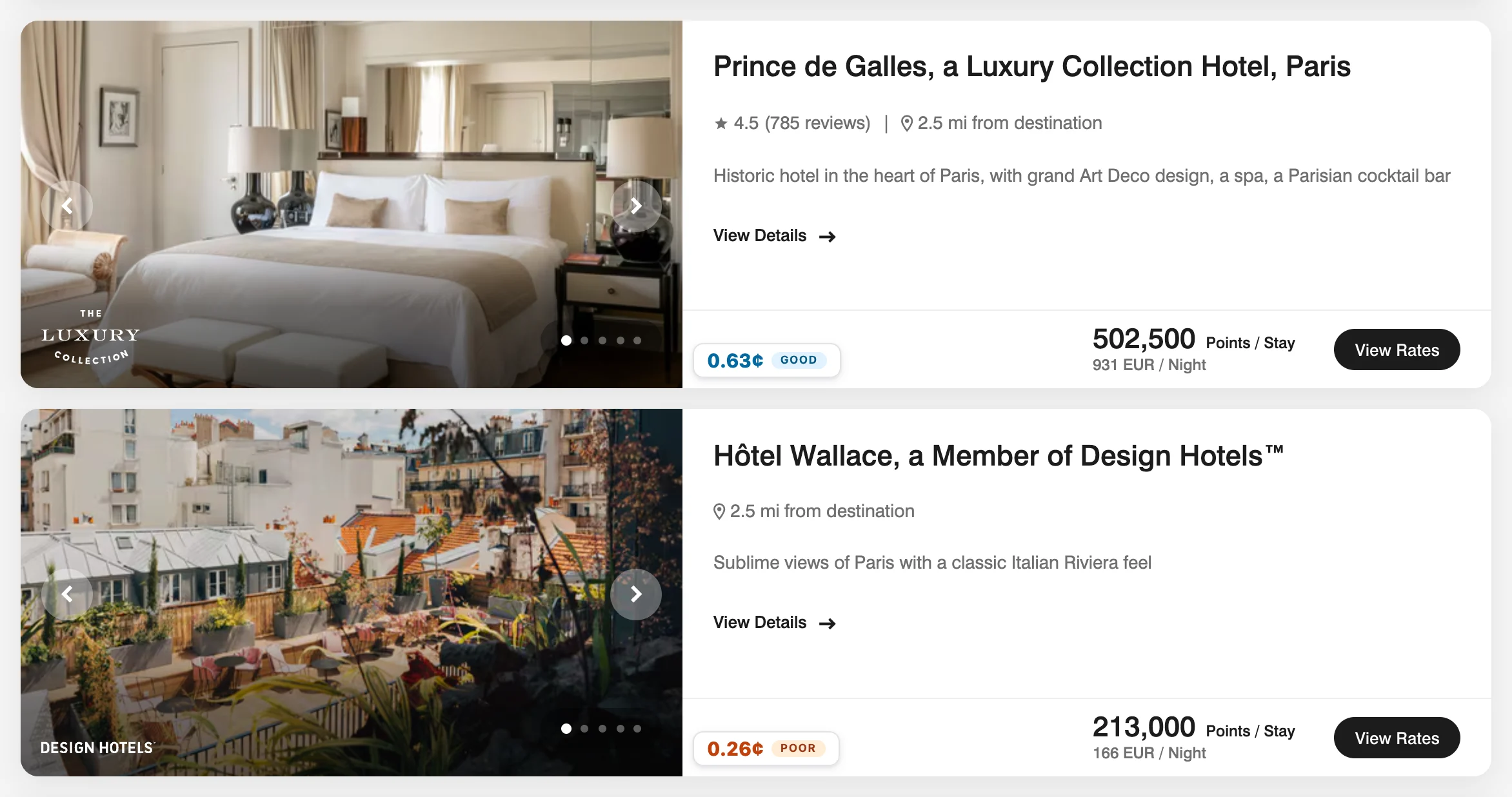 A Marriott search on marriott.com with a Pointy value badge on each result.